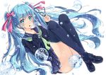  blue_eyes blue_hair blush bubbles glasses hatsuse_izuna kazeno long_hair seifuku thighhighs twintails vocaloid 