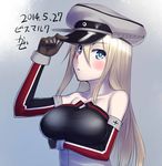  bare_shoulders bismarck_(kantai_collection) blonde_hair blue_eyes elbow_gloves gloves h_kasei hat kantai_collection long_hair solo 