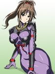  1girl armor bodysuit brown_hair fuuun_ishin_dai_shogun green_eyes hattori_kiriko headband kunoichi looking_at_viewer ninja ponytail sitting skin_tight solo wide_hips 