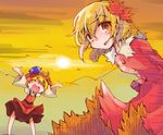  aki_minoriko aki_shizuha blonde_hair closed_eyes food fruit grapes hair_ornament hands_up hat leaf_hair_ornament mountain multiple_girls open_mouth outstretched_arms shinapuu sky smile spread_arms touhou twilight yellow_eyes 