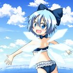  :d alternate_costume bad_id bad_pixiv_id beach bikini blue_eyes blue_hair blue_sky blush bow bowtie cirno cloud day fang frilled_bikini frills glowing glowing_wings hair_bow highres ice ice_wings looking_at_viewer looking_back ocean open_mouth outdoors outstretched_arms short_hair sky smile solo swimsuit touhou wings yuutamiitan 