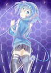  black_legwear blue_eyes blue_hair ene_(kagerou_project) headphones highres kagerou_project lutecia_syndrome one_eye_closed shirt short_hair smile solo thighhighs turtleneck twintails 