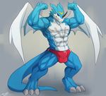  3_toes abs anthro armpits bald balls barefoot biceps big_muscles blade blue_body blue_dragon blue_skin body_markings bulge claws clothed clothing digimon dragon exveemon fist flexing grey_nipples grin half-dressed happy horn looking_down male manly markings muscles navel nipples pecs rabbity raised_arm red_eyes reptile scales scalie sharp_claws smile solo speedo standing swimsuit toe_claws toned topless white_belly white_skin wings xbuimonsama 