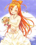  bad_id bad_pixiv_id bare_shoulders blush bouquet cure_sunny dress earrings eyelashes flower hair_bun hair_ribbon happy heart hino_akane_(smile_precure!) jewelry looking_at_viewer magical_girl necklace one_eye_closed open_mouth orange_eyes orange_flower orange_hair orange_rose precure princess_form_(smile_precure!) ribbon rose smile smile_precure! solo standing strapless strapless_dress tiara watayuki white_dress 
