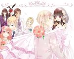  5boys animal_ears blonde_hair bouquet bridal_veil brown_hair bunny_ears carrying dress elbow_gloves fake_animal_ears flower formal gloves inu_x_boku_ss kokubo_(tumukuro) long_hair mask miketsukami_soushi multiple_boys multiple_girls natsume_zange necktie pink_hair red_eyes red_hair roromiya_karuta shirakiin_ririchiyo short_hair shoukiin_kagerou smile sorinozuka_renshou suit veil watanuki_banri wedding_dress yukinokouji_nobara 