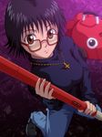  bag black_hair brown_eyes cross cross_necklace denim eyelashes glasses handbag holding holding_weapon hunter_x_hunter jeans jewelry long_sleeves looking_at_viewer makoto_(4414gf91) necklace pants polearm pullover red-framed_eyewear shizuku_(hunter_x_hunter) shoes short_hair solo spear weapon 