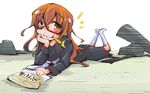  :3 brown_eyes brown_hair crescent eating glasses kantai_collection long_hair lying mochizuki_(kantai_collection) rimless_eyewear school_uniform serafuku shinapuu smile snack solo translation_request 