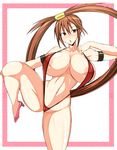  1girl arc_system_works areola_slip areolae armband bikini breasts brown_hair curvy ears erect_nipples female fighting_pose guilty_gear hair_ornament high_heels huge_breasts knees kuradoberi_jam leg_lift legs long_hair micro_bikini musuka_(muska) navel open_mouth red_bikini red_eyes red_swimsuit shiny shiny_skin shoes sling_bikini solo swimsuit 