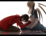  1girl apron bad_id bad_pixiv_id black_hair blonde_hair dress hand_on_another's_head kagerou_project kisaragi_shintarou kozakura_marry profile reflection sad seiza short_hair short_hair_with_long_locks sidelocks sitting smile sobbing spoilers stairway_(artist) tears 