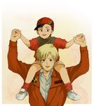  2boys alfred_izuruha baseball_cap bernard_wiseman blonde_hair brown_hair child gundam gundam_0080 hat multiple_boys piggyback shorts socks 