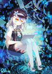  artist_name braid cabbie_hat code:_electra_(elsword) computer elsword eve_(elsword) expressionless garter_straps hat long_hair riccae sitting solo tattoo thighhighs white_hair yellow_eyes 