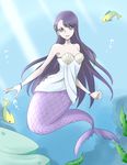  afloat bare_shoulders breasts cleavage eyelashes fish hair_ornament happy heartcatch_precure! long_hair looking_at_viewer medium_breasts mermaid monster_girl monsterification open_mouth precure purple_eyes purple_hair shirt smile solo swimming tsukikage_oyama tsukikage_yuri underwater 