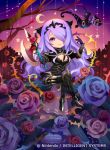  1girl armor axe breasts camilla_(fire_emblem_if) chibi cleavage closed_mouth company_name copyright_name crescent_moon dragon fire_emblem fire_emblem_cipher fire_emblem_if flower gloves hair_over_one_eye holding holding_axe konfuzikokon long_hair moon nintendo official_art purple_eyes purple_hair sitting smile solo star tiara tree_branch wyvern 