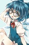  adjusting_eyewear bespectacled blue_dress blue_eyes blush cirno dress fang glasses hair_ribbon ice ice_wings looking_at_viewer open_mouth puffy_short_sleeves puffy_sleeves ribbon shirt short_sleeves sitting smile solo touhou wings zusan 