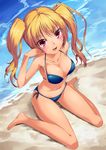  barefoot beach bikini blonde_hair breasts large_breasts long_hair nibansu original red_eyes side-tie_bikini sitting smile solo swimsuit twintails wariza 