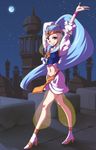 blue_hair cure_nile eyelashes full_moon green_eyes hair_ornament happinesscharge_precure! happy high_heels highres long_hair looking_at_viewer magical_girl midriff moon navel night ponytail precure shirt skirt sky smile solo standing star star_(sky) starry_background starry_sky very_long_hair wrist_cuffs zwei_(santanawamuujojo) 