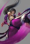  crotch dudou hair_down halter_top halterneck han_juri highres kicking long_hair motion_blur purple_eyes sidelocks solo street_fighter street_fighter_iv_(series) toned tongue tongue_out youyi_(ww5413203) 