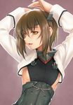  arms_up blush breasts brown_eyes brown_hair cropped_jacket flat_chest headband headgear kantai_collection kazuma_muramasa open_mouth short_hair sideboob smile solo taihou_(kantai_collection) 