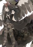  akemi_homura akuma_homura argyle argyle_legwear bare_shoulders black_gloves black_hair black_wings bow choker dress elbow_gloves feathered_wings gears gloves hair_bow hair_tousle high_heels long_hair looking_at_viewer mahou_shoujo_madoka_magica mahou_shoujo_madoka_magica_movie red_eyes sitting smile solo spoilers thighhighs wings xi_yuu zettai_ryouiki 