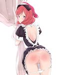  3: ass back_cutout bare_back blush cowboy_shot curtain_grab curtains dress dress_lift from_behind frown looking_back love_live! love_live!_school_idol_project maid maid_headdress mogyutto_&quot;love&quot;_de_sekkin_chuu! multicolored_hair nishikino_maki no_pussy panties panty_pull pink_hair purple_eyes pussy pussy_juice red_hair simple_background slap_mark solo spanked tsukino_wagamo two-tone_hair underwear white_background white_panties 