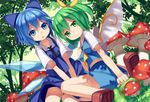  ascot blue_eyes blue_hair bow cirno daiyousei fairy_wings grass green_eyes green_hair hair_bow hair_ribbon highres ice ice_wings looking_at_viewer mikan_(bananoha) multiple_girls mushroom pout ribbon shirt short_sleeves side_ponytail sitting skirt skirt_set touhou tree v_arms vest wings 