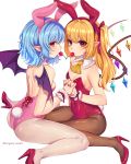  2girls absurdres animal_ears ascot ass bangs bare_arms bare_shoulders bat_wings black_legwear black_wings blonde_hair bow breasts bunny_ears bunny_tail bunnysuit cherry covered_navel crystal detached_collar eyebrows_visible_through_hair eyelashes fake_animal_ears fishnet_pantyhose fishnets flandre_scarlet food fruit hair_bow hand_holding high_heels highres interlocked_fingers leotard long_hair looking_at_viewer marota mouth_hold multiple_girls nail_polish one_side_up pantyhose pink_leotard pointy_ears profile red_bow red_eyes red_footwear red_leotard red_nails remilia_scarlet shared_food shoes siblings simple_background sisters sitting small_breasts tail touhou twitter_username white_background wings yellow_neckwear 