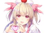  1girl :d bangs blonde_hair blush bunny_hair_ornament commentary_request cyanomirahi eyebrows_visible_through_hair hair_ornament hands_up hat head_tilt heart heart_hands long_hair looking_at_viewer nail_polish natori_sana nurse_cap open_mouth pink_nails sana_channel sanpaku shirt simple_background smile solo suspenders tareme teeth two_side_up upper_body virtual_youtuber white_background white_hat white_shirt 