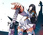  black_hair darkers dress epaulettes foreshortening frown highres junketsu kill_la_kill kiryuuin_satsuki long_hair solo sword weapon 