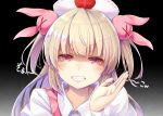  1girl :d bangs black_background blonde_hair blush bunny_hair_ornament cyanomirahi eyebrows_visible_through_hair gradient gradient_background grin hair_ornament half-closed_eyes hand_up hat head_tilt long_hair looking_at_viewer natori_sana nurse_cap open_mouth sana_channel shaded_face shirt smile solo suspenders teeth two_side_up upper_body v-shaped_eyebrows virtual_youtuber white_hat white_shirt 