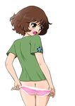  akiyama_yukari ass blush brown_eyes brown_hair butt_crack commentary embarrassed emblem girls_und_panzer highres lace lace-trimmed_panties looking_back no_pants open_mouth panties panty_pull pink_panties polka_dot polka_dot_panties shirt solo standing t-shirt thigh_gap underwear white_background yamucya01 