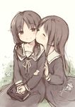  arm_holding blush cheek-to-cheek closed_eyes dress hands_clasped highres imminent_kiss kyuri long_hair low_twintails multiple_girls original own_hands_together sailor_dress sketch smile twintails yuri 