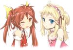  ;d aihara_enju bare_shoulders black_bullet blonde_hair blue_eyes blush bow brown_eyes brown_hair choker detached_sleeves hair_bow hairband long_hair looking_at_viewer multiple_girls one_eye_closed open_mouth rocha_(aloha_ro_cha) simple_background smile tina_sprout tsurime twintails white_background 