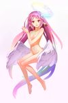  angel angel_wings animal_ears barefoot breasts canzhajiang feathered_wings halo highres jibril_(no_game_no_life) long_hair looking_at_viewer low_wings magic_circle navel no_game_no_life nude orange_eyes pink_hair small_breasts smile solo white_wings wings 