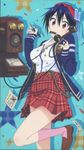  absurdres bad_id bad_yandere_id blazer blue_hair bow breasts cable casual cleavage cradling_phone fountain_pen hair_bow hat highres holding holding_pen jacket large_breasts long_sleeves mouth_hold nisekoi notepad official_art pen phone plaid plaid_skirt red_eyes rotary_phone scan skirt socks suspenders tsugumi_seishirou 