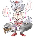 1girl alternate_costume animal_ears blush breasts cameltoe choker cleavage cum cum_in_clothes cum_in_panties disembodied_penis femdom full-face_blush full_body grey_hair half-closed_eyes hat hetero high_heels huge_breasts inubashiri_momiji kourindou_tengu_costume looking_down male_pubic_hair naughty_face obi panties pantyhose penis penis_in_panties pubic_hair red_eyes red_footwear sash sekitaku shoes silver_hair smile solo_focus speech_bubble squatting tail text_focus thought_bubble tokin_hat touhou translated underwear white_background wolf_ears wolf_tail 