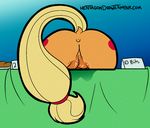  applejack_(mlp) back_turned blonde_tail butt clitoris cutie_mark equine female friendship_is_magic fur hair hentagon horse mammal my_little_pony on_table orange_fur pony presenting pussy pussy_juice raised_tail solo table wet_pussy 