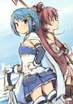  back-to-back blue_eyes blue_hair cape crossed_arms from_side hand_on_hip highres kyuri light_smile long_hair looking_back magical_girl mahou_shoujo_madoka_magica miki_sayaka multiple_girls polearm profile red_hair sakura_kyouko short_hair sketch sword weapon 