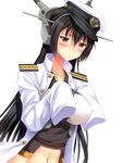  absurdres admiral_(kantai_collection) admiral_(kantai_collection)_(cosplay) antennae black_hair blush borrowed_garments breasts brown_eyes cosplay epaulettes frown hair_ornament hairband hat headgear highres kantai_collection large_breasts long_hair military military_uniform moeki_yuuta nagato_(kantai_collection) navel oversized_clothes peaked_cap simple_background sleeves_past_fingers sleeves_past_wrists solo uniform upper_body white_background 
