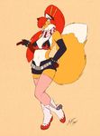  big_breasts boots breasts canine clothed clothing cosplay female fluffy_tail fox fur hair legwear looking_at_viewer mammal midriff orange_fur ponytail red_hair skimpy smile solo starfighter stockings tengen_toppa_gurren_lagann white_fur yellow_eyes yoko_littner 