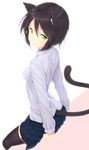  animal_ears arm_support black_hair black_legwear cat_ears cat_tail from_behind gradient gradient_background green_eyes hair_between_eyes looking_back original pleated_skirt short_hair simple_background skirt smile solo tail thighhighs zizi_(zz22) 