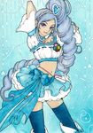  aono_miki blue blue_background blue_choker blue_hair blue_legwear blue_skirt boots choker cure_berry drill_hair earrings eyelashes fresh_precure! frilled_skirt frills hair_ornament hairband happy heart heart_hair_ornament jewelry knee_boots lipstick long_hair looking_at_viewer magical_girl makeup midriff navel ponytail precure purple_eyes ribbon sayococco shirt side_ponytail skirt smile solo standing thighhighs thighs very_long_hair wrist_cuffs zettai_ryouiki 