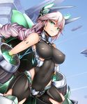  android arm_cannon bare_shoulders blue_eyes bodysuit braid breasts cloud covered_navel covered_nipples cowboy_shot day expressionless flying headgear highres large_breasts long_hair looking_at_viewer machinery mecha_musume mechanical_wings oni-noboru original ponytail purple_hair single_braid skin_tight sky solo weapon wings 