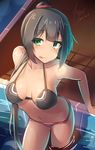  :p agano_(kantai_collection) bikini black_bikini black_hair blush breasts dated green_eyes kantai_collection long_hair medium_breasts navel ponytail scrunchie signature smile solo swimsuit tilt-shift tongue tongue_out 