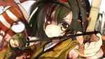  arrow blood bow_(weapon) brown_eyes brown_hair burnt_clothes hachimaki headband hiryuu_(kantai_collection) japanese_clothes kantai_collection quiver remodel_(kantai_collection) shirokitsune short_hair side_ponytail weapon 