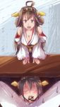  2girls :d admiral_(kantai_collection) bare_shoulders black_hair blush breasts brown_eyes brown_hair cleavage commentary_request detached_sleeves fellatio hairband haruna_(kantai_collection) hetero japanese_clothes kantai_collection kongou_(kantai_collection) large_breasts long_hair multiple_girls nontraditional_miko open_mouth oral penis pov rpg-exen smile stealth_sex under_table 