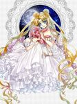  back_bow bishoujo_senshi_sailor_moon blonde_hair blue_eyes bow chibi_usa colored_eyelashes crescent double_bun dress facial_mark forehead_mark frills full_body highres long_hair maboroshi_no_ginzuishou moon_stick multiple_girls pink_hair princess_serenity red_eyes short_hair small_lady_serenity smile strapless strapless_dress tsukino_usagi tsuna2727 twintails white_dress 