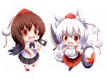  animal_ears bad_id bad_pixiv_id banned_artist bare_shoulders black_wings blush book breasts brown_hair camera chibi detached_sleeves fang happy hat highres inubashiri_momiji looking_at_viewer medium_breasts multiple_girls oohirakeisuke open_mouth pom_pom_(clothes) red_eyes shameimaru_aya shield shirt short_hair silver_hair smile sword tail tokin_hat touhou weapon white_shirt wings wolf_ears wolf_tail 