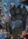  bikini black_hair blonde_hair brown_hair building canine city claws clothed clothing dress eyewear female fox fur giant glasses grey_fur hair hindpaw human kyma macro male mammal outside panic_(emotion) paws public shirt size_difference skimpy sky suit swimsuit toe_claws white_fur 