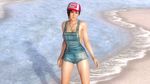  1girl baseball_cap beach blue_eyes breasts dead_or_alive dead_or_alive_5 denim hat jewelry looking_at_viewer mila_(dead_or_alive) mila_(doa) necklace no_bra ocean official_art outdoors overalls red_hair short_hair sideboob spaniard trucker_hat 