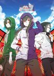  2boys alternate_costume black_hair blue_sky chain-link_fence cloud day daze_(kagerou_project) fence frown green_hair hand_in_pocket hood hoodie jacket kagerou_project kano_shuuya kido_tsubomi long_hair looking_at_viewer multiple_boys red_eyes red_sky seto_kousuke shidomura short_hair sky smile track_jacket 